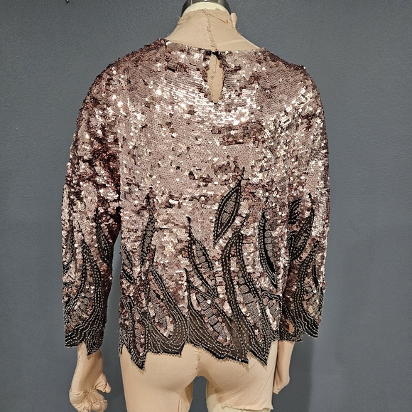 Vintage 80s OLEG CASSINI Pink Beaded Sequin Top M - Picture 2 of 8